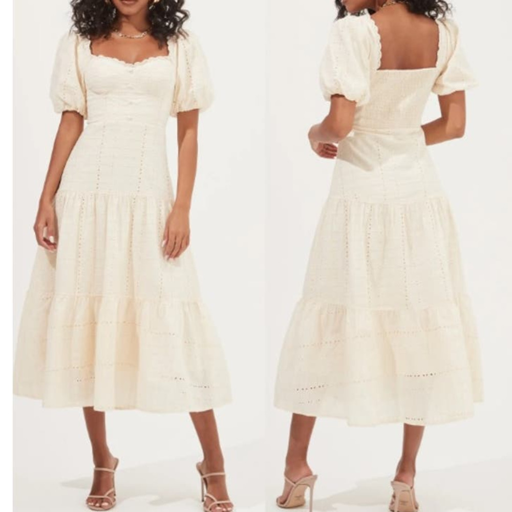 NWT ASTR The Label Baldwin Pointelle Puff Sleeve Midi Dress Cream Women's XS